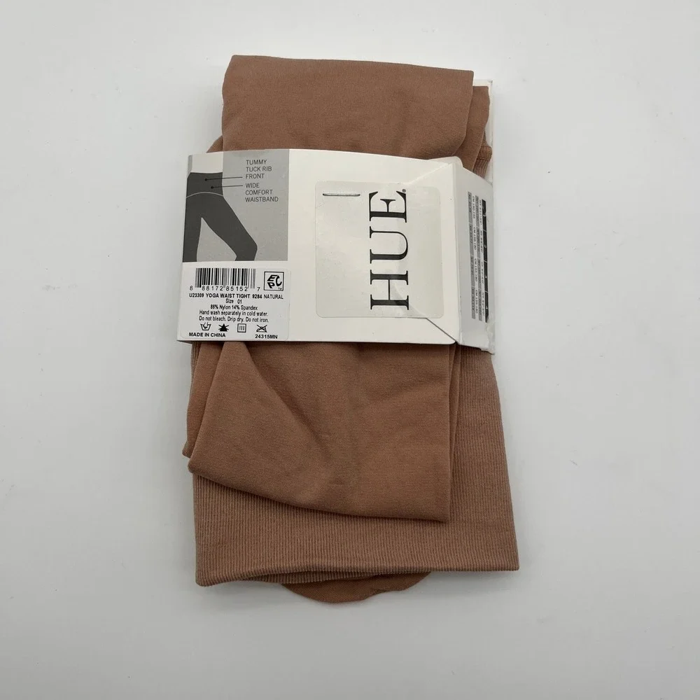 HUE Yoga Waist Tights Womens Size 1 Natural Rib Control Top Wide Waistband